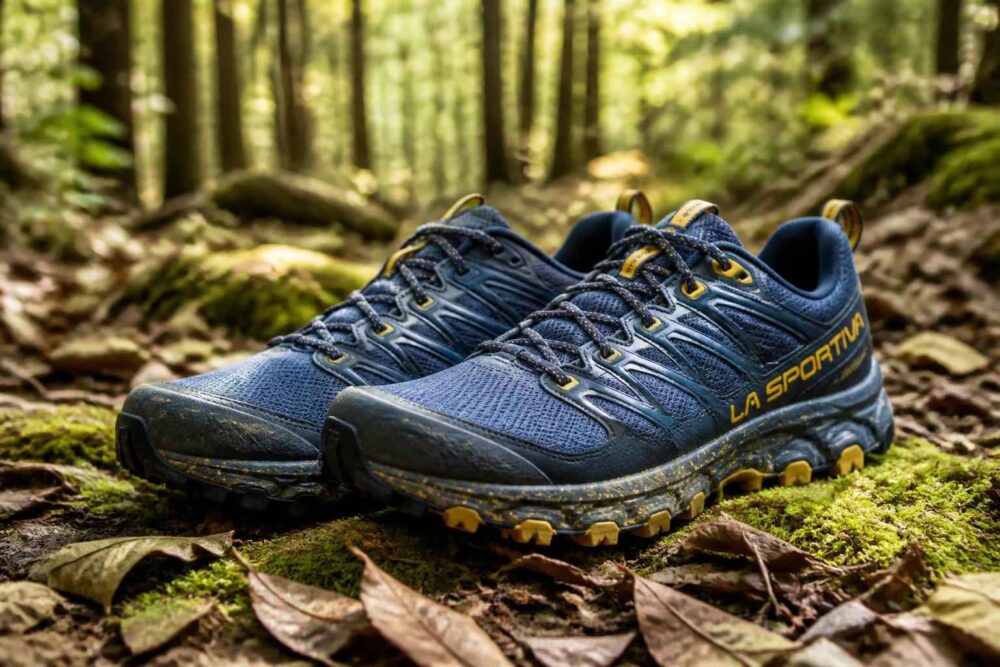 Niebieskie buty trekkingowe La Sportiva na mchu w leśnym otoczeniu