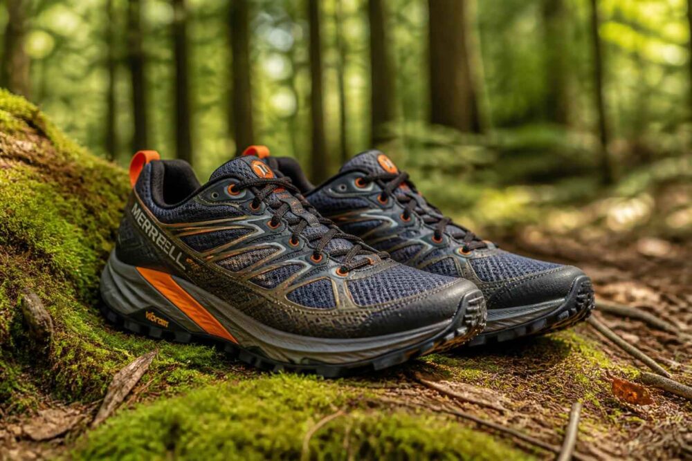 Czarne buty Merrell na leśnym mchu Czarne buty trekkingowe Merrell ustawione na omszałym pniu w lesie