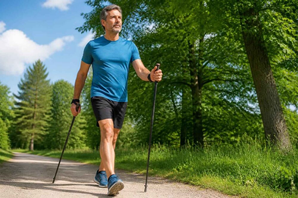 Mężczyzna uprawiający nordic walking na leśnej ścieżce w słoneczny dzień