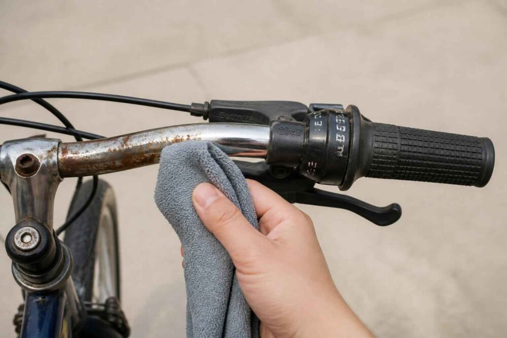 Polerowanie chromowanej kierownicy roweru Dłoń przeciera szmatką zardzewiałą chromowaną kierownicę roweru przy manetce zmiany biegów