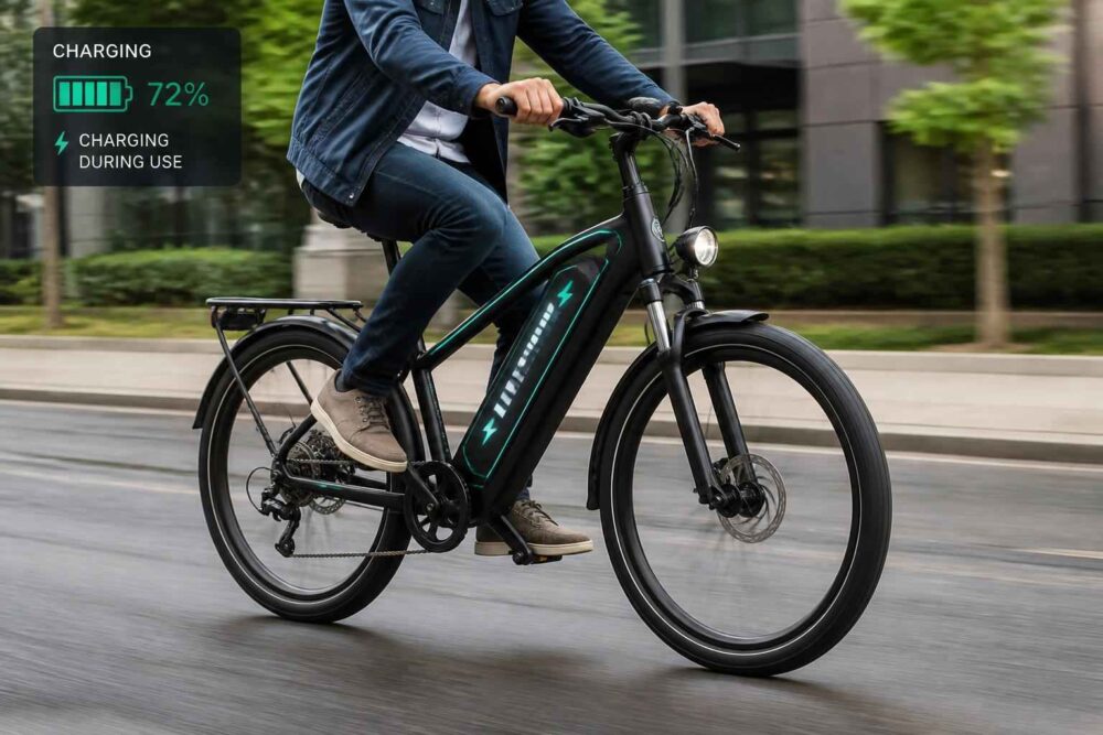 Elektryczny rower miejski z baterią na ramie porusza się ulicą, a wskaźnik pokazuje ładowanie na poziomie 72%
