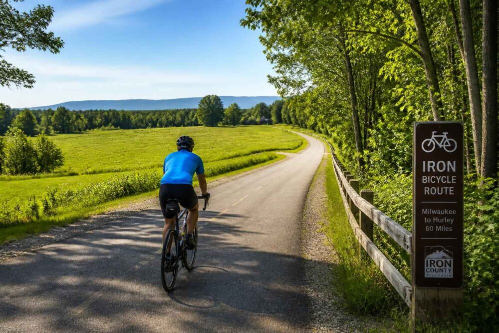 Rowerzysta jedzie asfaltową drogą wśród zielonych pól, obok znaku Iron Bicycle Route i drewnianego ogrodzenia